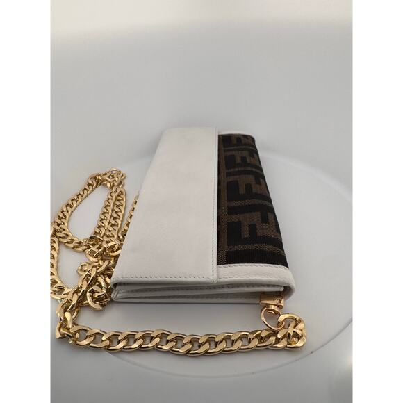 Fendi Zucca Canvas and White Leather Wallet Crossbody with Gold Chain - Picture 4 of 5